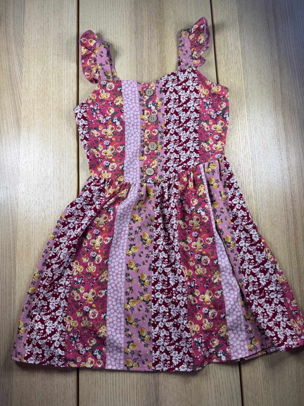Girls' Pink Floral‎ Patchwork Sundress with Button Front